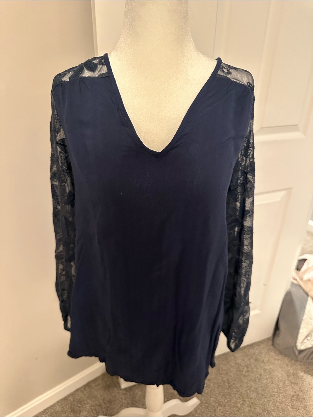 Navy V-Neck Blouse with Lace Floral Sleeves